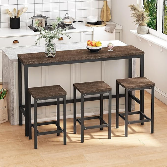 Merax 4-Piece Counter Height Extra Long Dining Table Set with 3 Stools w/Footrest,Modern Design Kitchen Dining Table,Pub Table, Long Dining Table Set(Dark Brown)