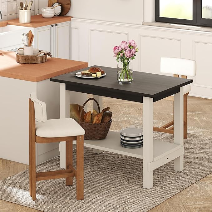 3-Piece Counter Height Dining Table Set for 2, Bar Height Table and 2 Bar Stools for Kitchen Island/Dining Room(Brown Table & White Barstools)