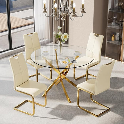 36-Inch Round Tempered Glass Dining Table for 2-4 Person Space-Saving Small Kitchen Table with Heavy-Duty Metal Legs Perfect for Dining Room, Apartment, Condo(Gold)