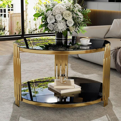 Modern Black Mirror Coffee Table, Asymmetrical Metal, Circular Metal Drum Base, Gold Finish & Lower Shelf