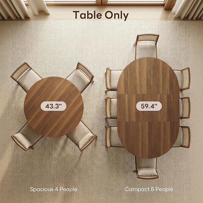 LIKIMIO 43"-59" Extendable Round Dining Table for 4-8, Transformer Oval Dining Room Table with Removable Leaves Space Saving, Wood Base Kitchen Table with Storage Shelf for Living Room, Walnut