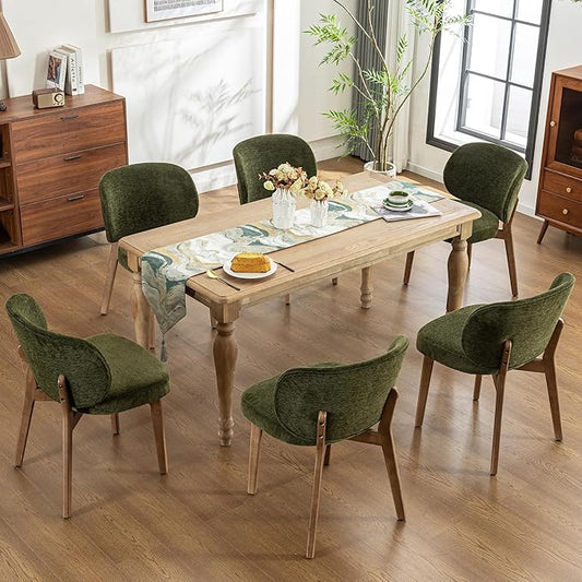 YOUNIKE Olive Green Dining Chairs Set of 6 Mid Century Modern Kitchen Chair with Back Boucle Fabric Upholstered Armless Accent Chair 20" Wide Padded Seat with Wooden Legs for Living Room Bedroom