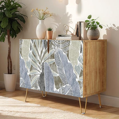 SIGNWIN Sideboard Buffet Cabinet, Kitchen Storage Cabinet with 2 Doors, Tropical Jungle Island Plant Patterns, Cupboard Console Table for Dining Room - 35" L x 18" W x 29" H