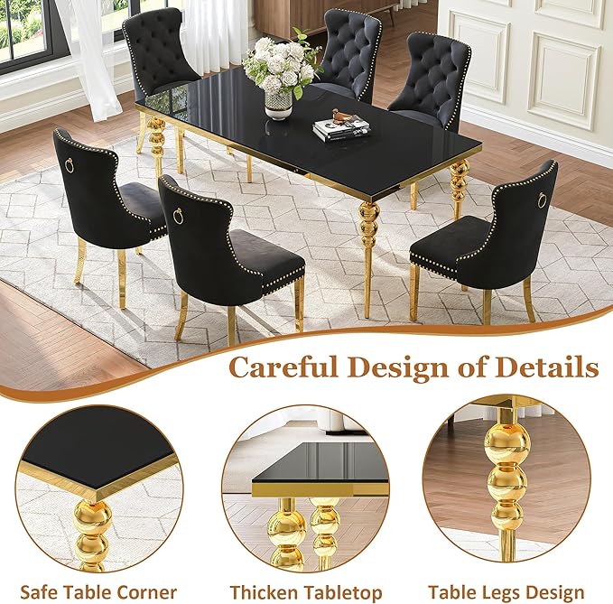 7 Piece Glass Dining Table Set, Modern 70 Inch Gold Rectangular Glass Kitchen Table, 6 Beige Exquisite Velvet Cushion Chairs for Living Room, Restaurant (Black-Top)
