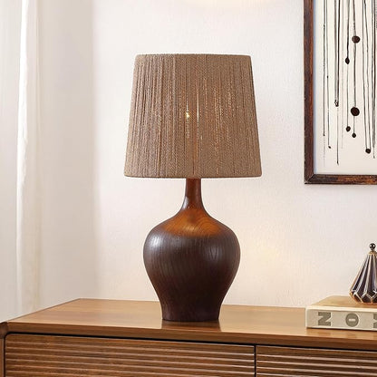 JONATHAN Y 23" Dark Brown Wood Finish Rustic Farmhouse Resin Gourd LED Table Lamp for Bedroom, Living Room, Nightstand, with Brown Paper Rope Shade, LED Bulb Included (JYL9200B)