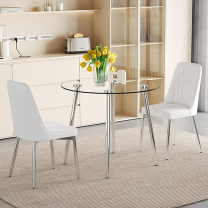 Glass Dining Table and Chair Set with 2 White PU Cushion Chairs, 36 Inch Diameter Round Table with Silver Metal Legs, Industrial Minimalist Style for Dining Room and Kitchen
