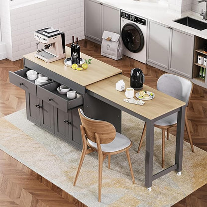 Modern Dining Table 74.5 Inch Kitchen Island with Extendable Table, Rolling Cart with 4 Door Cabinet, 2 Drawers, Spice Rack, Wood Counter for Living Room,Grey-MDF