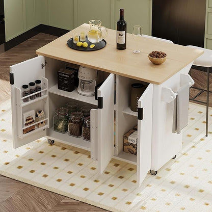 Merax 51" Kitchen Island on Wheels, Rolling Kitchen Island with Drop Leaf, Internal Storage Rack, Towel Rack for Dining Room House Bar, White
