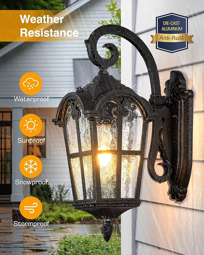 VIANIS Black 2-Pack Outdoor Porch Lights, Dusk to Dawn Outdoor Lighting, Anti-Rust Waterproof Garage Light Wall Mount, Modern Patio Wall Sconce with Rippled Glass, Outside Lights for House, Entryway
