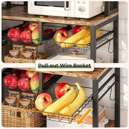 IRONCK Corner Bakers Rack with Power Outlet, Coffee Bar 6 Tier with Storage Cabinet, Vintage Industrial Microwave Stand with 6 Hooks, Kitchen Shelves with Wire Basket, Rustic Brown