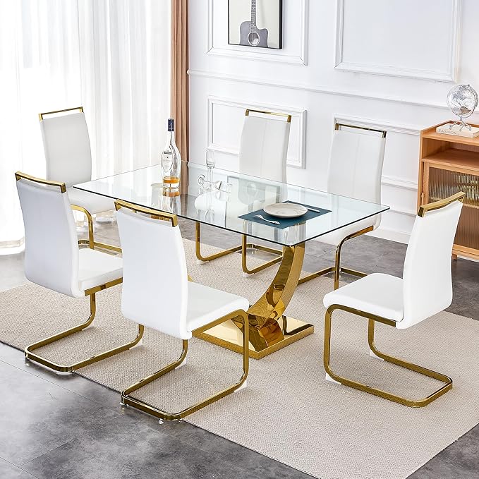 63" Gold Dining Room Table, Glass Dining Table for 4-6 with Rectangular Tempered Glass Tabletop, Modern Kitchen Table with Glossy U Shape Stainless Steel Base for Kitchen Dining Room