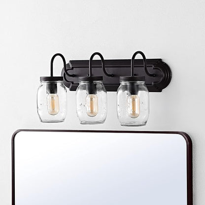 JONATHAN Y 19.3" Oil Rubbed Bronze 3-Light Iron and Glass Mason Jar Vanity Light, Farmhouse Industrial Rustic Wall Sconce for Bathroom, UL Listed, LED Bulbs Included JYL7801A