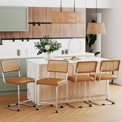 Alunaune 24inch Mid Century Brown Bar Stools Set of 4, Natural Rattan Counter Height Bar Stools Kitchen Chairs Modern Side Dining Chairs-PU Seat
