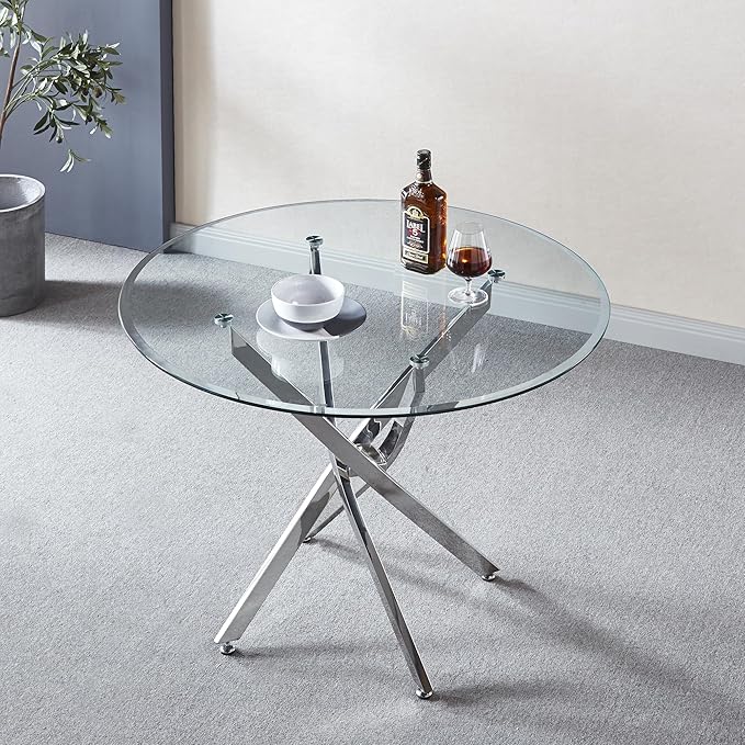 Modern Glass Dining Table Round Dining Room Table with Tempered Glass Top, Silver Stainless Steel Base Home Office Kitchen Dining Room Table Furniture, 36" D x 36" W x 30" H
