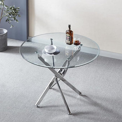 Modern Glass Dining Table Round Dining Room Table with Tempered Glass Top, Silver Stainless Steel Base Home Office Kitchen Dining Room Table Furniture, 36" D x 36" W x 30" H