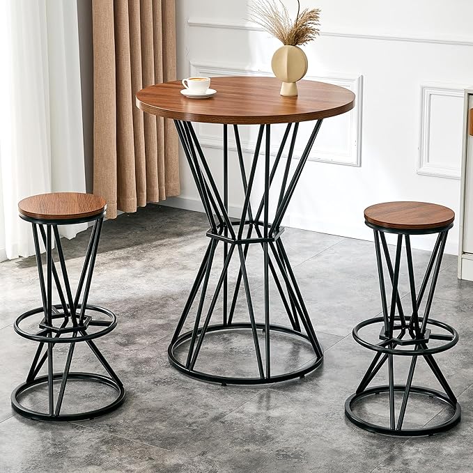 Industrial 3-Piece Bar Counter Set – 31.5" Round MDF Table & 2 Rust-Resistant Metal Bar Stools with Foot Pedals | Perfect for Small Apartments, Kitchen Islands, Home Bars (Walnut+Black)