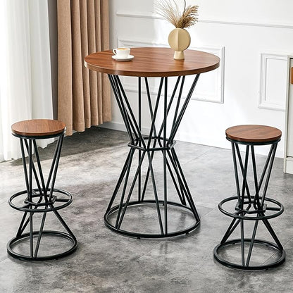 Industrial 3-Piece Bar Counter Set – 31.5" Round MDF Table & 2 Rust-Resistant Metal Bar Stools with Foot Pedals | Perfect for Small Apartments, Kitchen Islands, Home Bars (Walnut+Black)