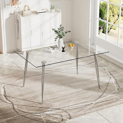 Glass Dining Table for 4 with 51 inch Clear Rectangular Glass Top, 0.31" Modern Tempered Glass Kitchen Table Furniture with 4 Silver Plating Metal Legs for Home Dining Room