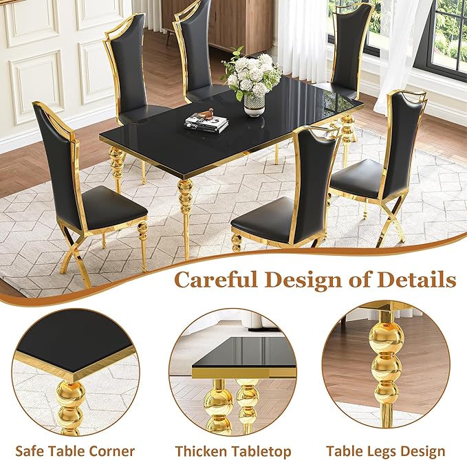 Glass Dining Table Set for 6, Luxurious 70 Inch Rectangular Kitchen Table with Black Tempered Glass Top, 6 Black PU Leather Cushion Chairs for Dining Room, Restaurant, Living Room