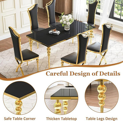 Glass Dining Table Set for 6, Luxurious 70 Inch Rectangular Kitchen Table with Black Tempered Glass Top, 6 Black PU Leather Cushion Chairs for Dining Room, Restaurant, Living Room