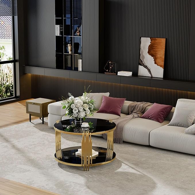Modern Black Mirror Coffee Table, Asymmetrical Metal, Circular Metal Drum Base, Gold Finish & Lower Shelf