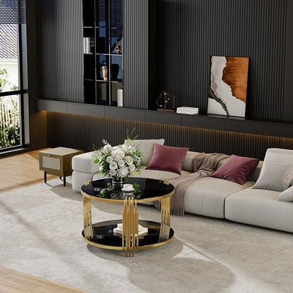 Modern Black Mirror Coffee Table, Asymmetrical Metal, Circular Metal Drum Base, Gold Finish & Lower Shelf