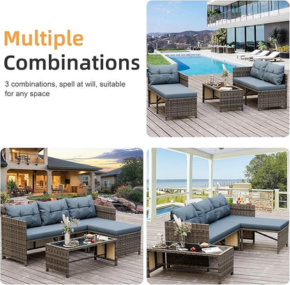 Shintenchi 3 Pieces Outdoor Patio Furniture Sets, Wicker Patio Conversation Sets, All Weather Wicker Rattan Patio Seating Sofas with Glass Coffee Table and Cushion, Blue-Gray
