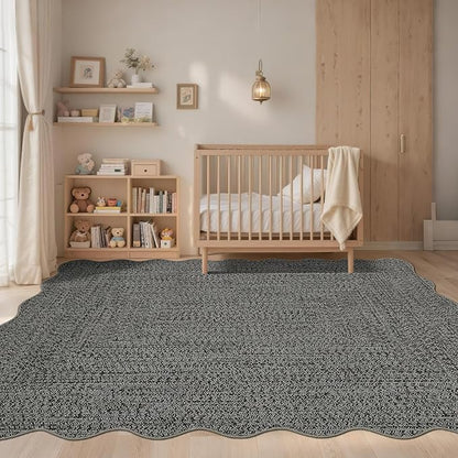Imitation Braided Collection-Print Scalloped Washable Rugs 8x10 Area Rug for Living Room Soft Bedroom Rug Farmhouse Large Rug Non Slip Stain Resistant Carpet for Nursery Dining Room 8'x10'