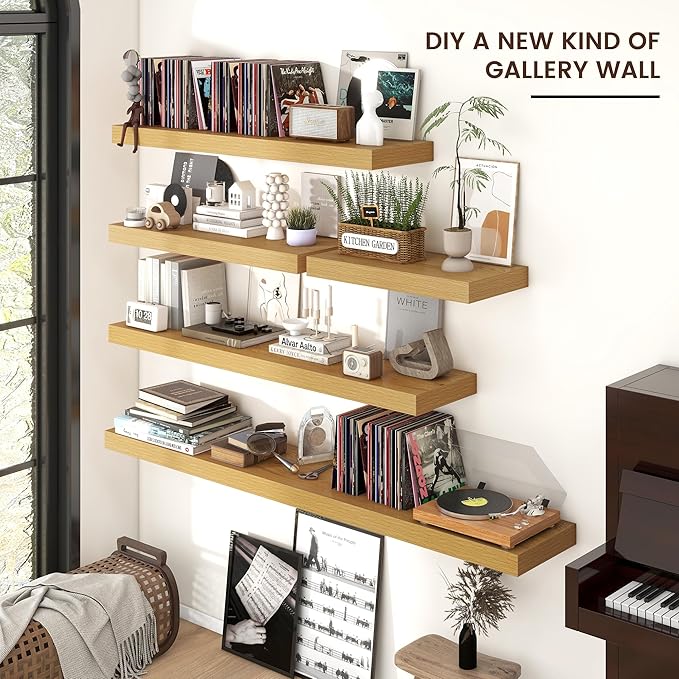 Venusmiles Floating Shelves for Wall, 36" W x 12" D x 2" H, 2 Pack of Long Wall Mounted Engineered Wood Shelves with Invisible Brackets for Living Room, Bedroom, Bathroom, Kitchen Decor, Oak