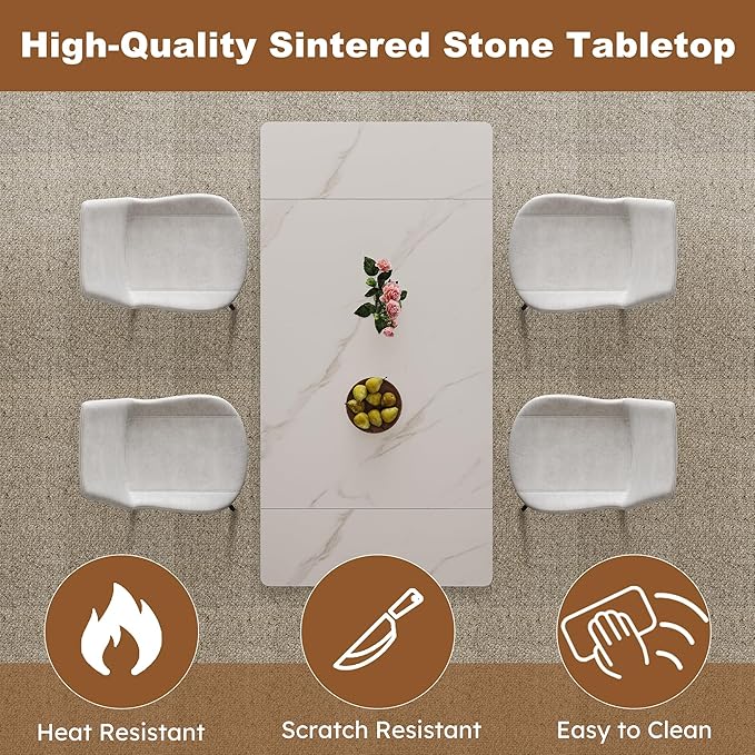 Runboll Extendable Rectangular Dining Table Set for 4, 47"-71" Modern Sintered Stone Kitchen Table with 4 Chairs and Carbon Steel Legs for Dining Room Family Gathering