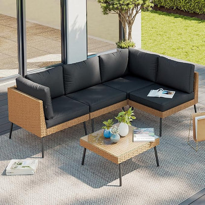 Aoxun Patio Furniture Set, 5 Piece Outdoor Sectional Sofas with Thick Cushion, Wicker Outdoor Patio Furniture Set with Coffee Table for Party, Garden, Backyard, Black