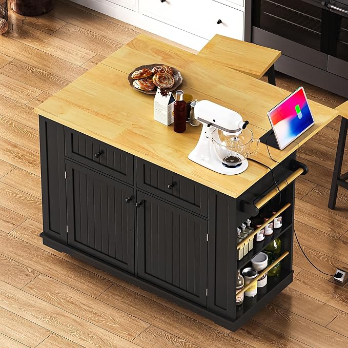 48inch Large Kitchen Island with 2 Bar Stools,Power Outlet,Door Internal Storage Rack,Kitchen Storage Cart on 5 Wheels with Drop Leaf,5 Open Side Racks,2 Drawers,Dining Room(Black#015)