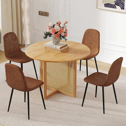 Rubber Wood Round Dining Table Set with 4 Chairs, 42 Inch Diameter Natural Wood Table with Imitation Vine Texture Legs, Perfect for Dinner, Meetings, Home and Office