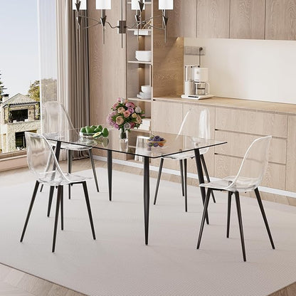 Baysitone Glass Dining Table for 4 with 51 inch Clear Rectangular Glass Top, 0.31" Modern Tempered Glass Kitchen Table Furniture with 4 Black Plating Metal Legs for Home Dining Room