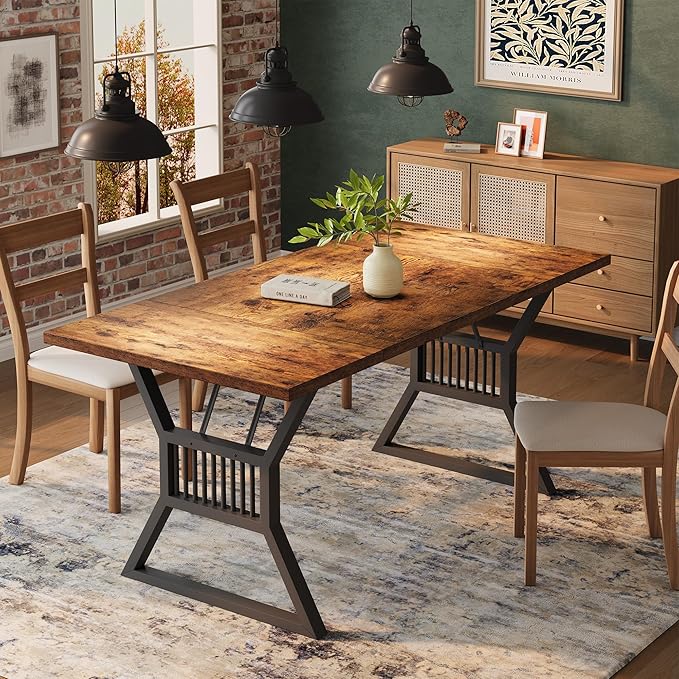 70.8 Inch Dining Table for 4-6 People, Farmhouse Wood Table with Metal Leg, Rectangle Kitchen Tables for Dining Room, Living Room, Conference Room, Breakroom, Vintage Color and Black