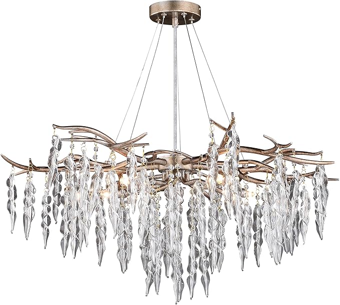 VAXCEL Rainier 5 Light Silver Linear Crystal Waterfall Chandelier, Kitchen Island Pendant Fixture, Silver Mist Finish, Dimmable Ceiling Mounted Lighting