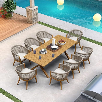 PURPLE LEAF Outdoor Dining Set with Waterproof Furniture Cover 9-Piece All-Weather Patio Set for 8 with Woodgrain Aluminum Table Rope Weave Chairs and Cushions, Teak