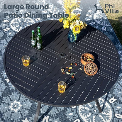 PHI VILLA 7 Piece Outdoor Patio Dining Set with 6 Swivel Dining Chairs & 1 Large Round Dining Table, Blue Textilene Mesh Fabric Chair and 54" Metal Table for All Weather