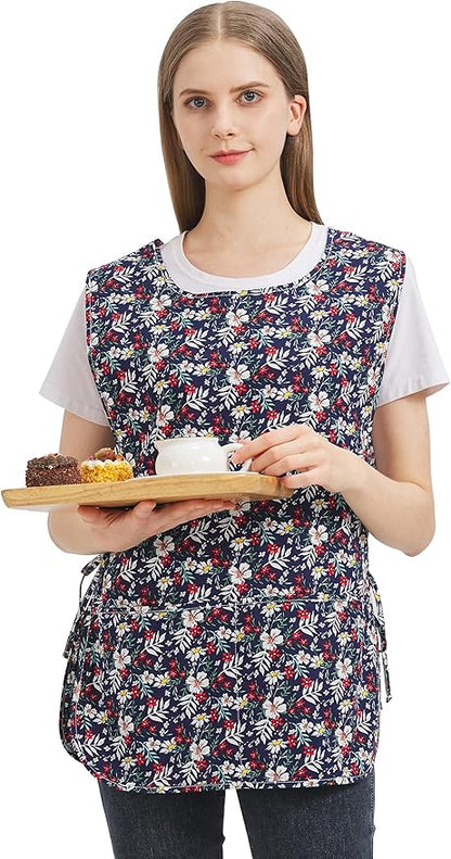 Nanxson Women Cobbler Apron with 2 Patch Pockets Cotton printed Smock with Side Ties for Work Chef kitchen CF3187