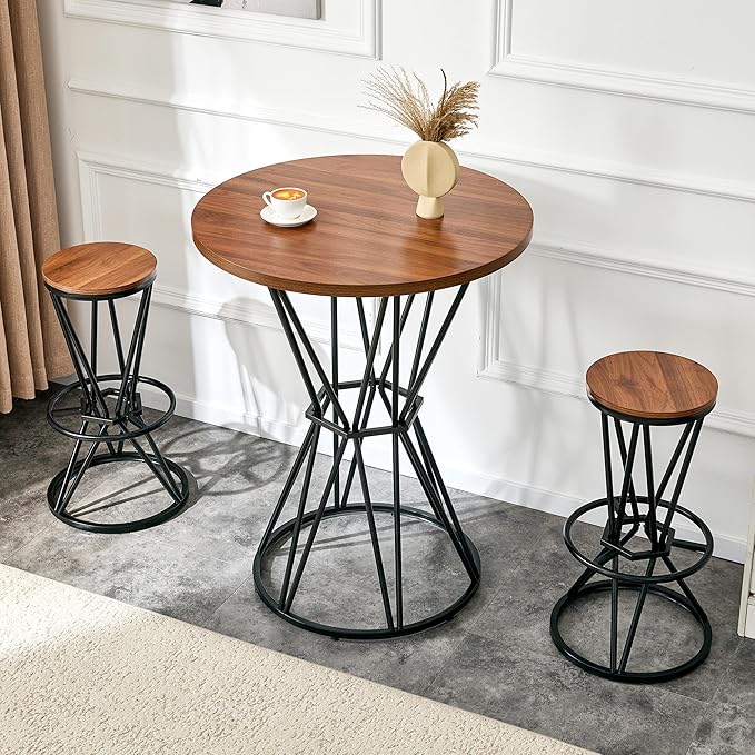 Industrial 3-Piece Bar Counter Set – 31.5" Round MDF Table & 2 Rust-Resistant Metal Bar Stools with Foot Pedals | Perfect for Small Apartments, Kitchen Islands, Home Bars (Walnut+Black)