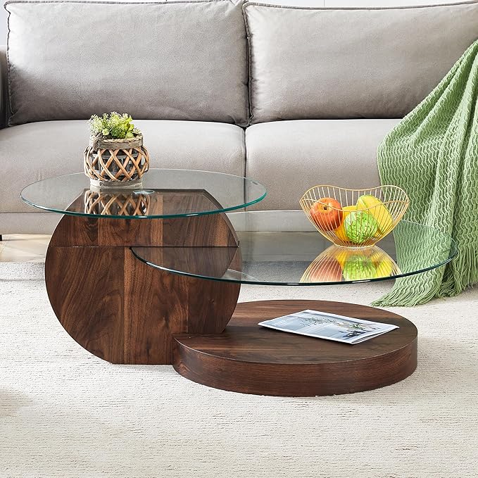 Glass Coffee Table, Modern Round Glass Coffee Table with Wooden Base, 3 Tier Round Coffee Table, Clear Cocktail Table with Storage for Living Room, Office, Balcony (42″ Walnut)