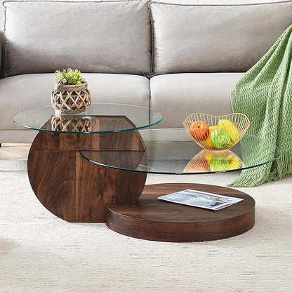 Glass Coffee Table, Modern Round Glass Coffee Table with Wooden Base, 3 Tier Round Coffee Table, Clear Cocktail Table with Storage for Living Room, Office, Balcony (42″ Walnut)