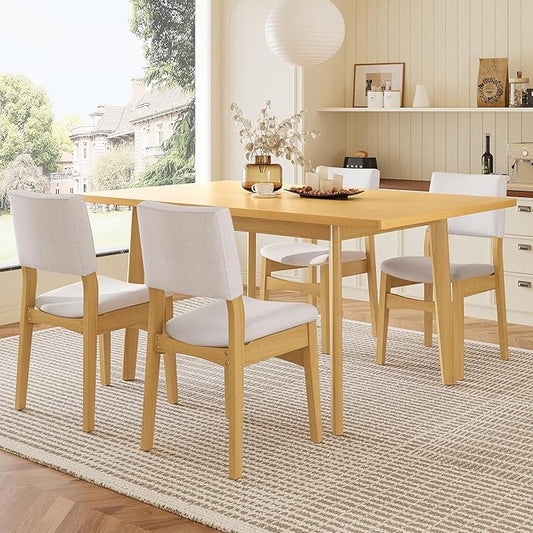 VilroCaz 5-Piece Dining Table Set - Rectangular Solid Wood Table & Upholstered Linen Chairs, Kitchen Dining Room Set for 4, Space-Saving Dinette (Natural-5J)
