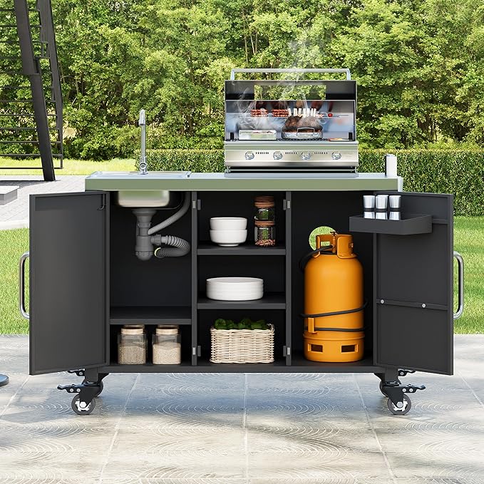 Merax 55.5" Outdoor Kitchen Island, Metal Grill Cart Table with 304 Stainless Steel Sink, Outdoor Bar Cart Sink Station with 4 Lockable Wheels for Pizza Prep & BBQ, Black