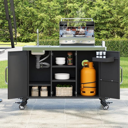 Modern Dining Table 54.5in Outdoor Kitchen Island with Stainless Steel Tabletop, Expandable Cabinet, Spice Rack, Towel Rack, Counter, Wood Console,Black-Metal