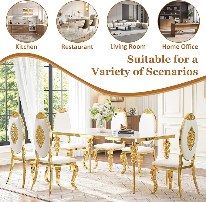 Glass Dining Table Set for 6 People, 7 Piece Dining Table Set with 70" White Glass Kitchen Table and 6 White Carved Back Chairs, for Living Room, Restaurant, Large Party