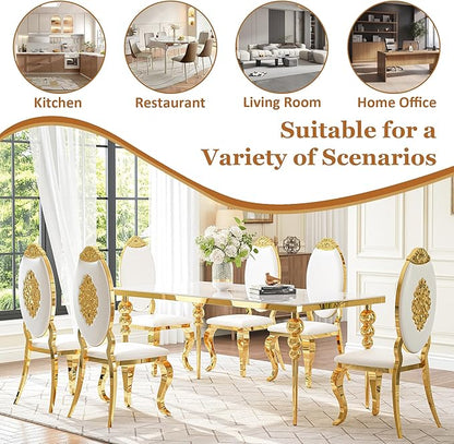 Glass Dining Table Set for 6 People, 7 Piece Dining Table Set with 70" White Glass Kitchen Table and 6 White Carved Back Chairs, for Living Room, Restaurant, Large Party