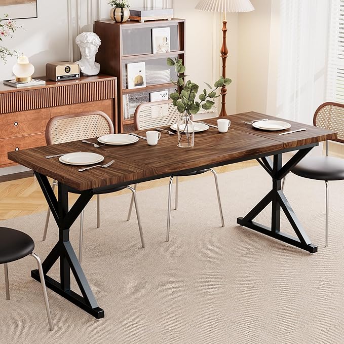 Farmhouse Dining Table for 6 People, 70.8 Inch Rectangular Wood Dining Table, Rustic Kitchen Table with Extra Heavy Duty Metal Legs for Dining Room-Walnut