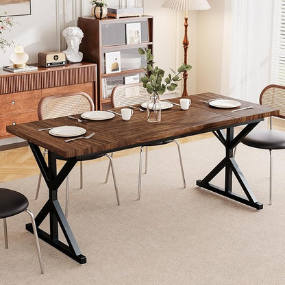 Farmhouse Dining Table for 6 People, 70.8 Inch Rectangular Wood Dining Table, Rustic Kitchen Table with Extra Heavy Duty Metal Legs for Dining Room-Walnut