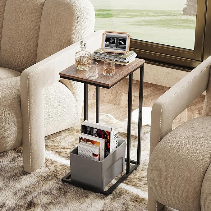WLIVE C Shaped End Tables Set of 2, C Table Side Table for Couch, TV Trays Set of 2, Couch Side Tables that Slide Under, Small Side Table, C Table for Sofa, Living Room, Bedroom, Small Space, Brown